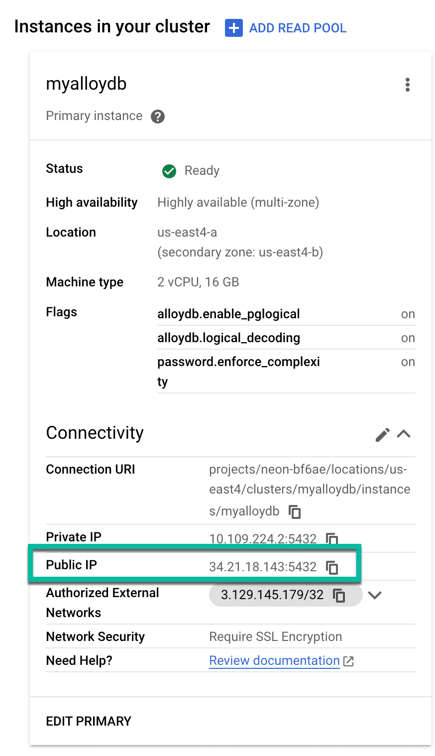 AlloyDB public IP address